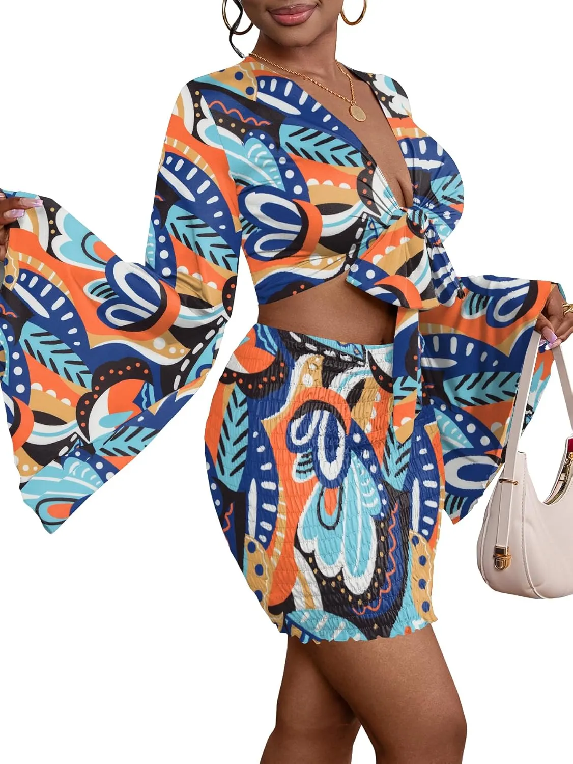 LYANER Women's 2 Piece Outfits Tie Knot Front Bell Long Sleeve Crop Top and Mini Skirt Set