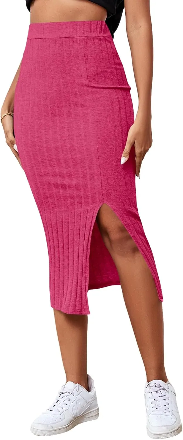 LYANER Women's High Waist Stretchy Rib Knit Split Slit Hem Midi Pencil Skirt