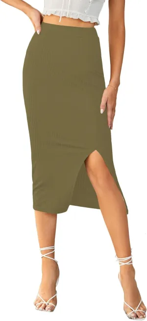 LYANER Women's High Waist Stretchy Rib Knit Split Slit Hem Midi Pencil Skirt