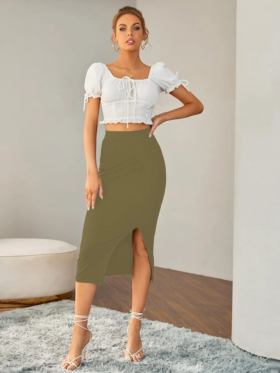 LYANER Women's High Waist Stretchy Rib Knit Split Slit Hem Midi Pencil Skirt