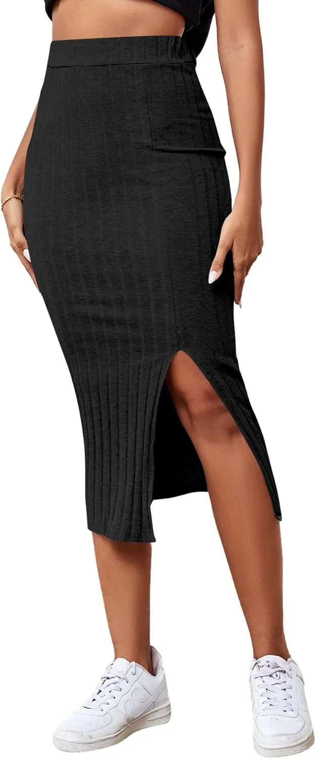 LYANER Women's High Waist Stretchy Rib Knit Split Slit Hem Midi Pencil Skirt