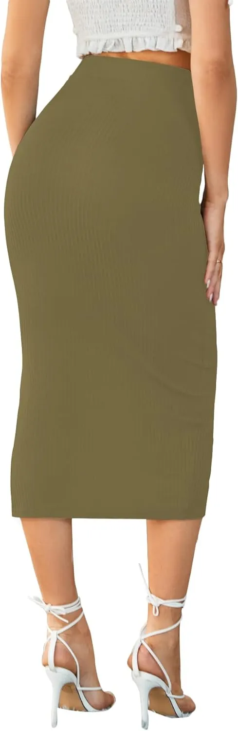 LYANER Women's High Waist Stretchy Rib Knit Split Slit Hem Midi Pencil Skirt