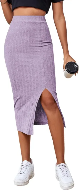 LYANER Women's High Waist Stretchy Rib Knit Split Slit Hem Midi Pencil Skirt