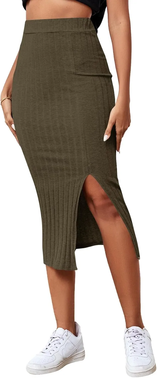 LYANER Women's High Waist Stretchy Rib Knit Split Slit Hem Midi Pencil Skirt