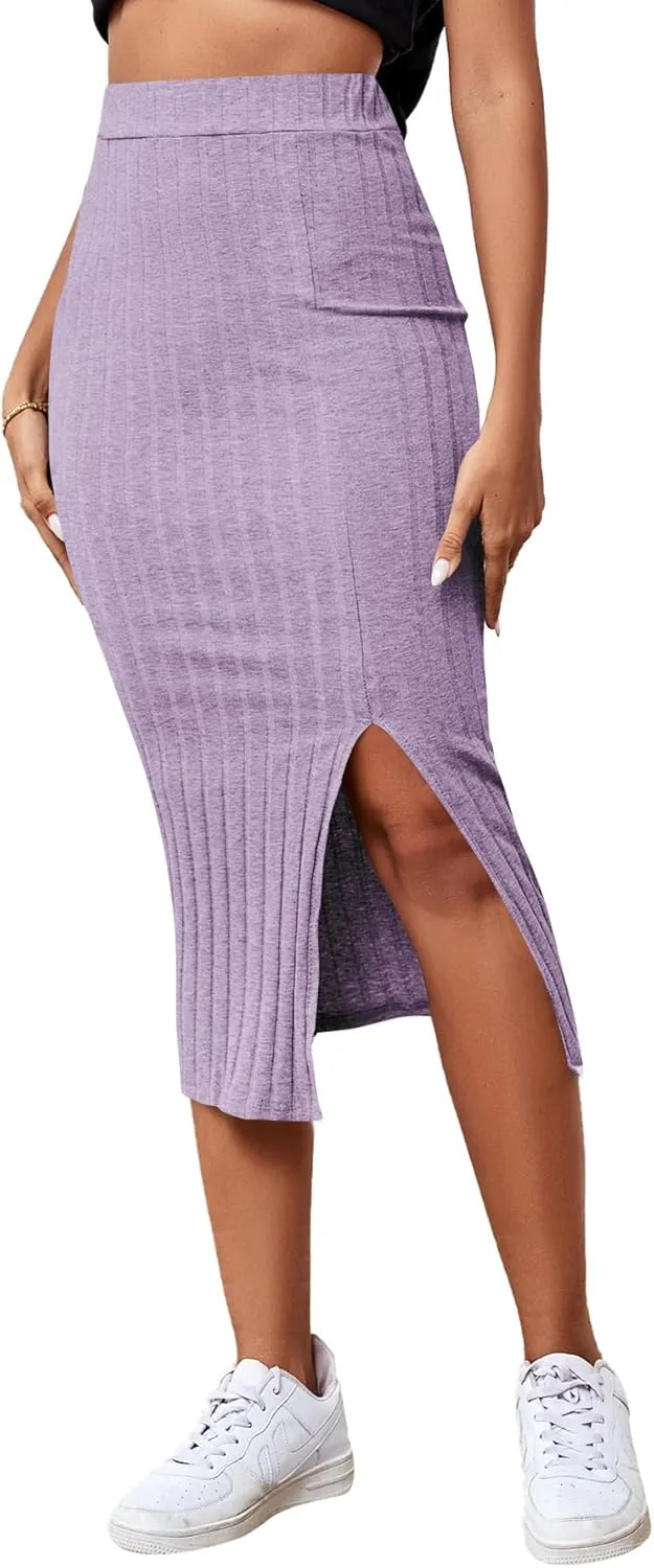 LYANER Women's High Waist Stretchy Rib Knit Split Slit Hem Midi Pencil Skirt