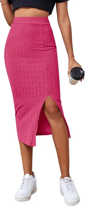 LYANER Women's High Waist Stretchy Rib Knit Split Slit Hem Midi Pencil Skirt