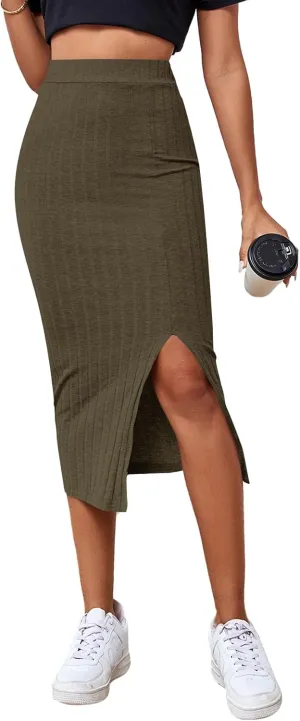 LYANER Women's High Waist Stretchy Rib Knit Split Slit Hem Midi Pencil Skirt