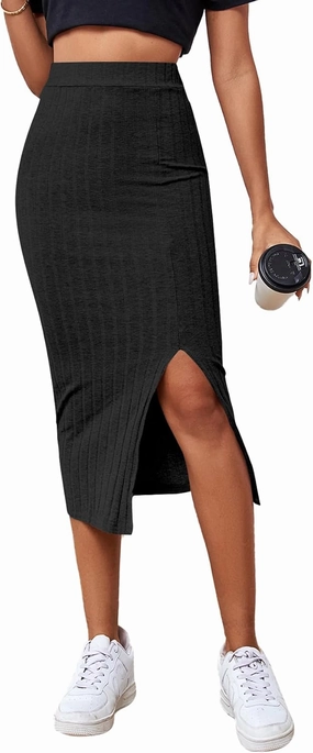 LYANER Women's High Waist Stretchy Rib Knit Split Slit Hem Midi Pencil Skirt