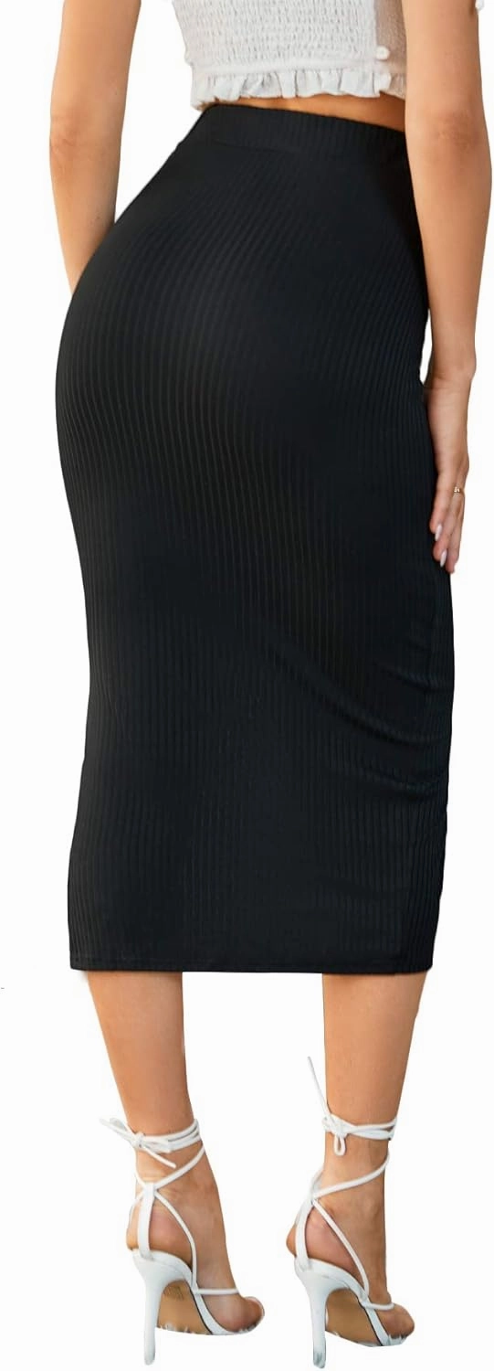 LYANER Women's High Waist Stretchy Rib Knit Split Slit Hem Midi Pencil Skirt