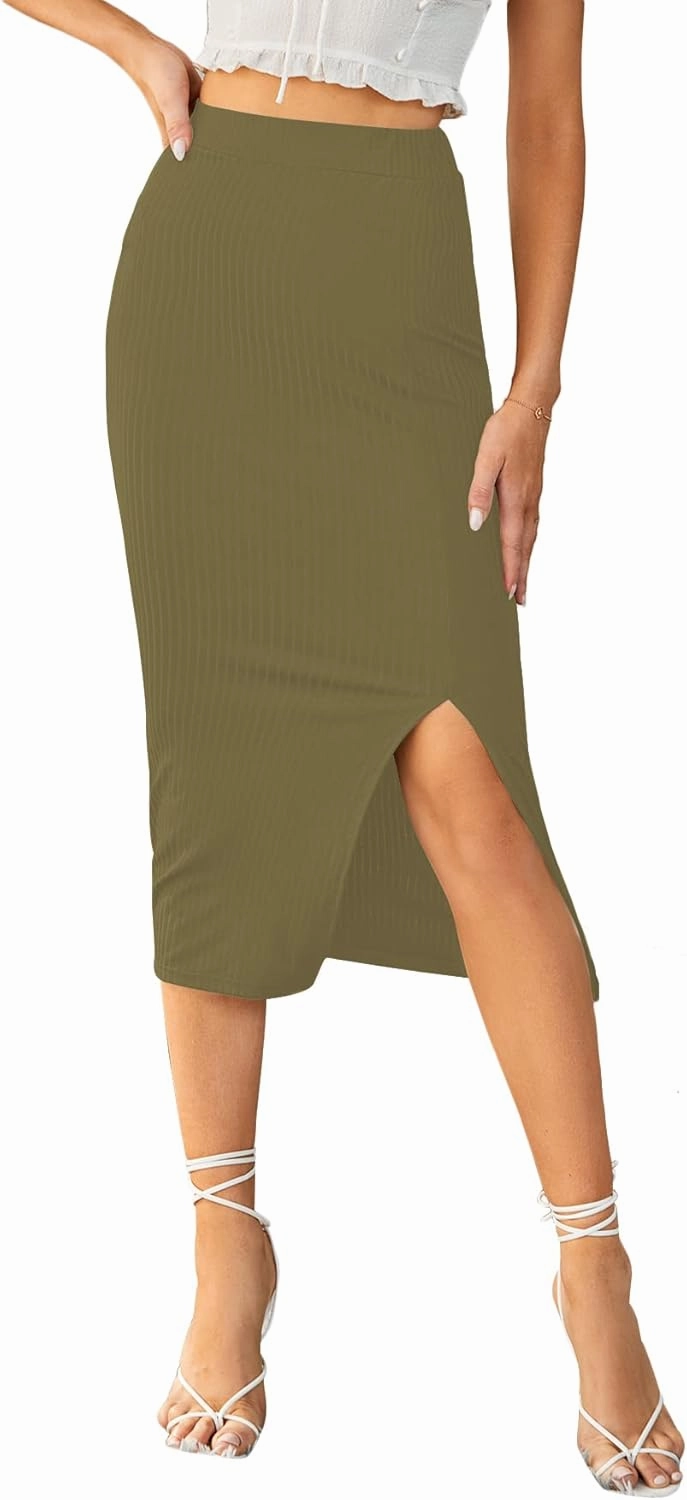 LYANER Women's High Waist Stretchy Rib Knit Split Slit Hem Midi Pencil Skirt
