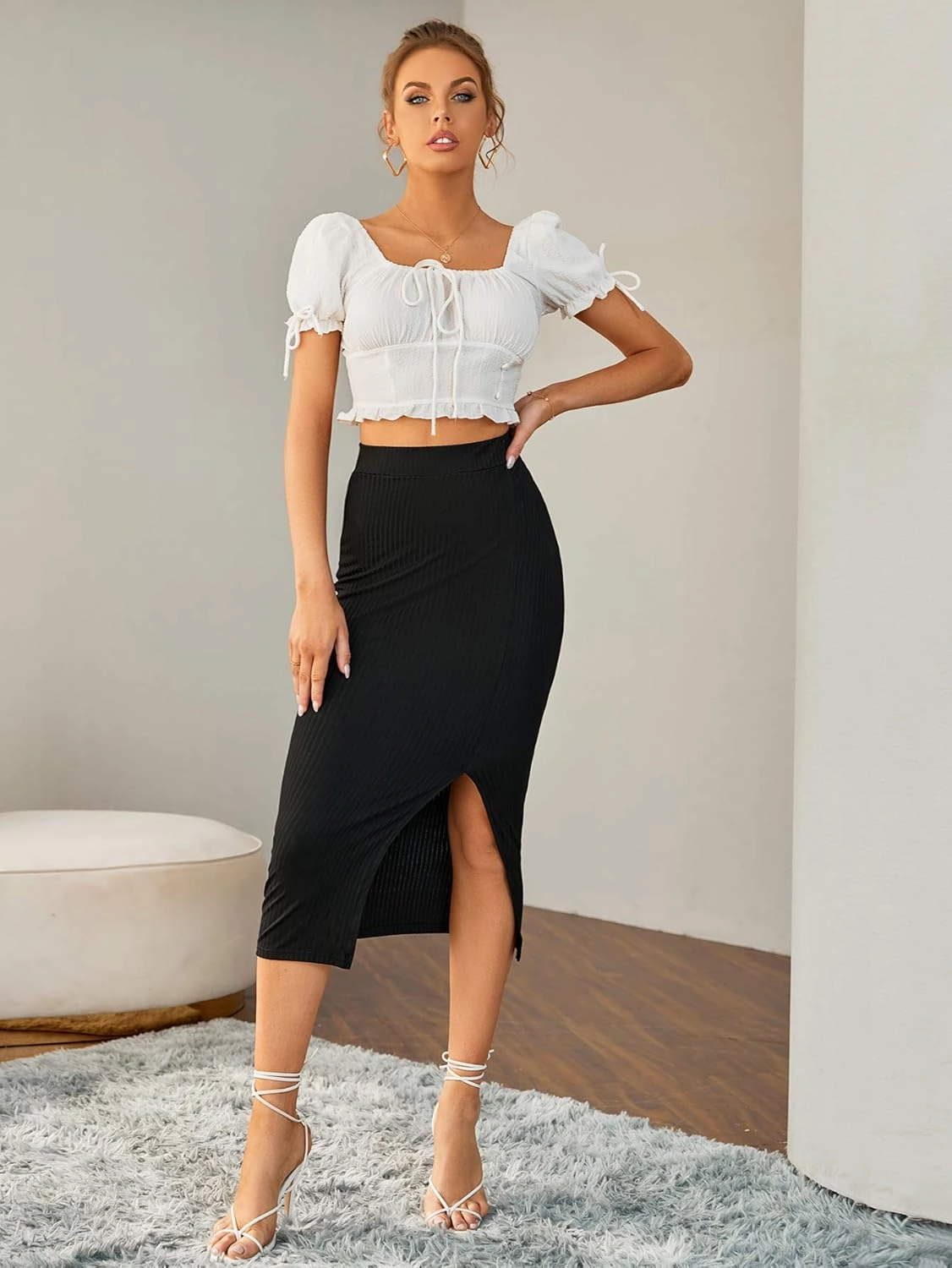 LYANER Women's High Waist Stretchy Rib Knit Split Slit Hem Midi Pencil Skirt