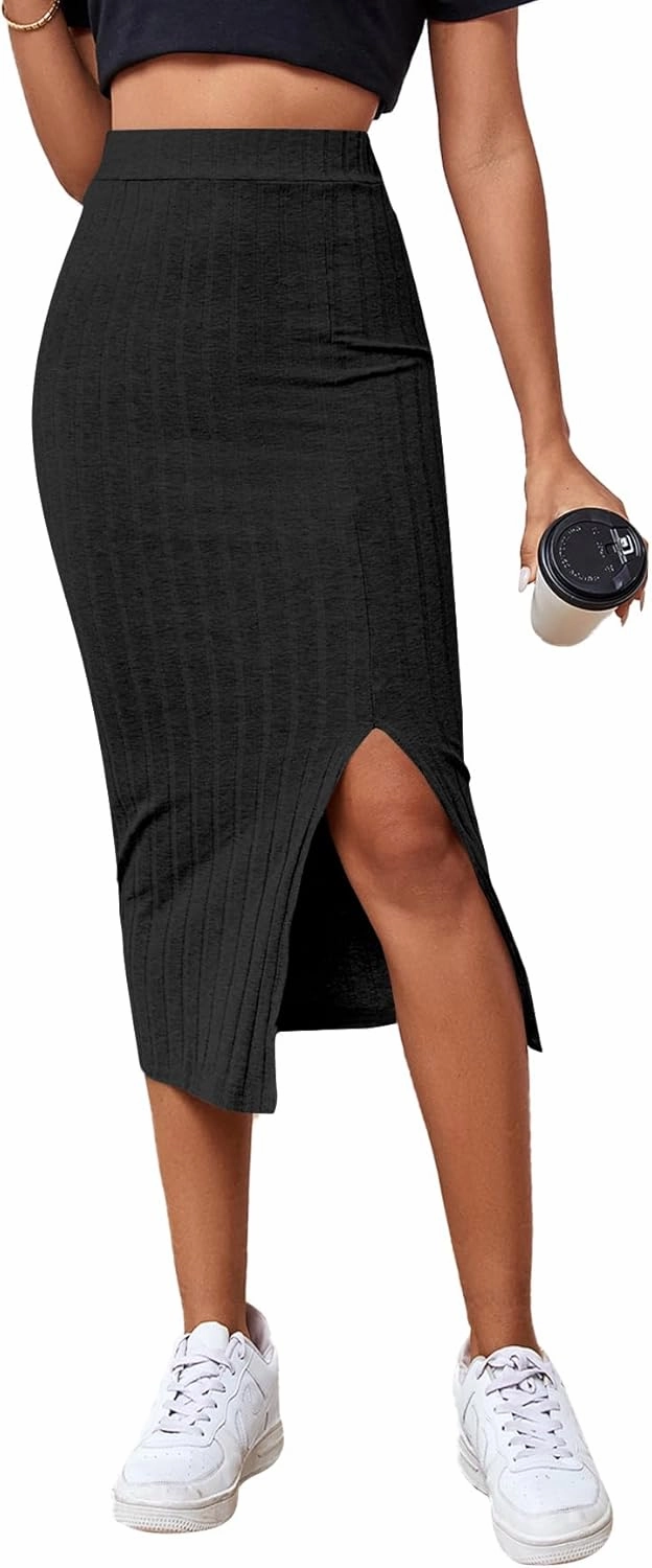 LYANER Women's High Waist Stretchy Rib Knit Split Slit Hem Midi Pencil Skirt
