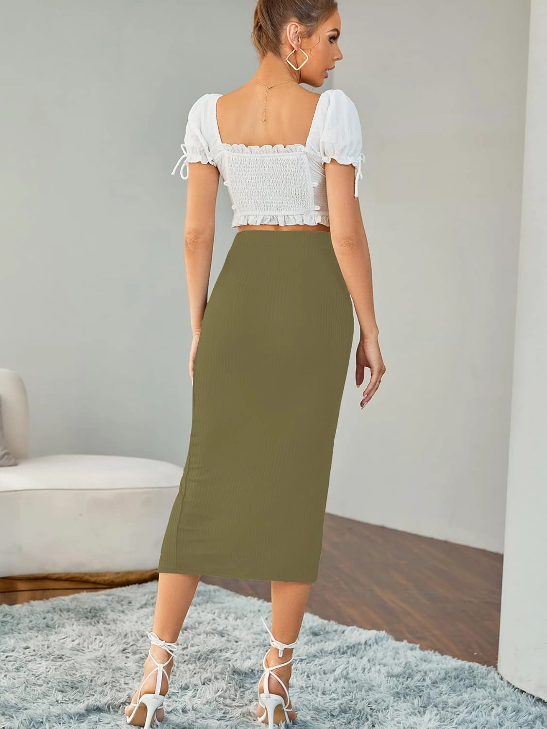 LYANER Women's High Waist Stretchy Rib Knit Split Slit Hem Midi Pencil Skirt