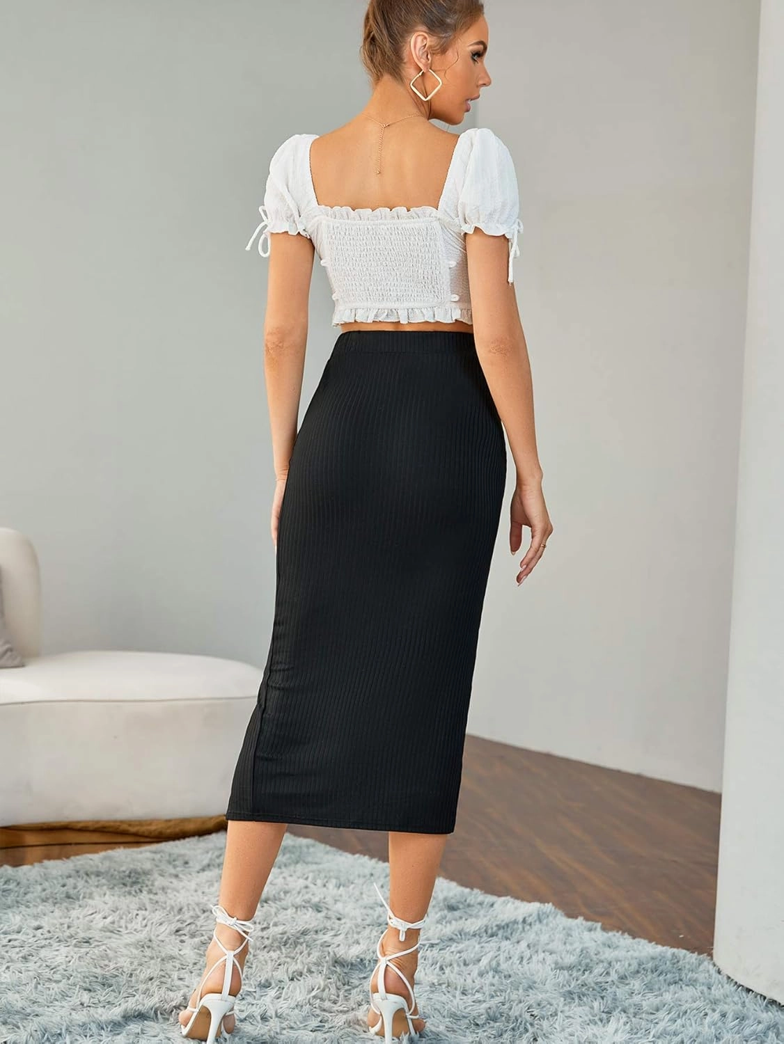 LYANER Women's High Waist Stretchy Rib Knit Split Slit Hem Midi Pencil Skirt