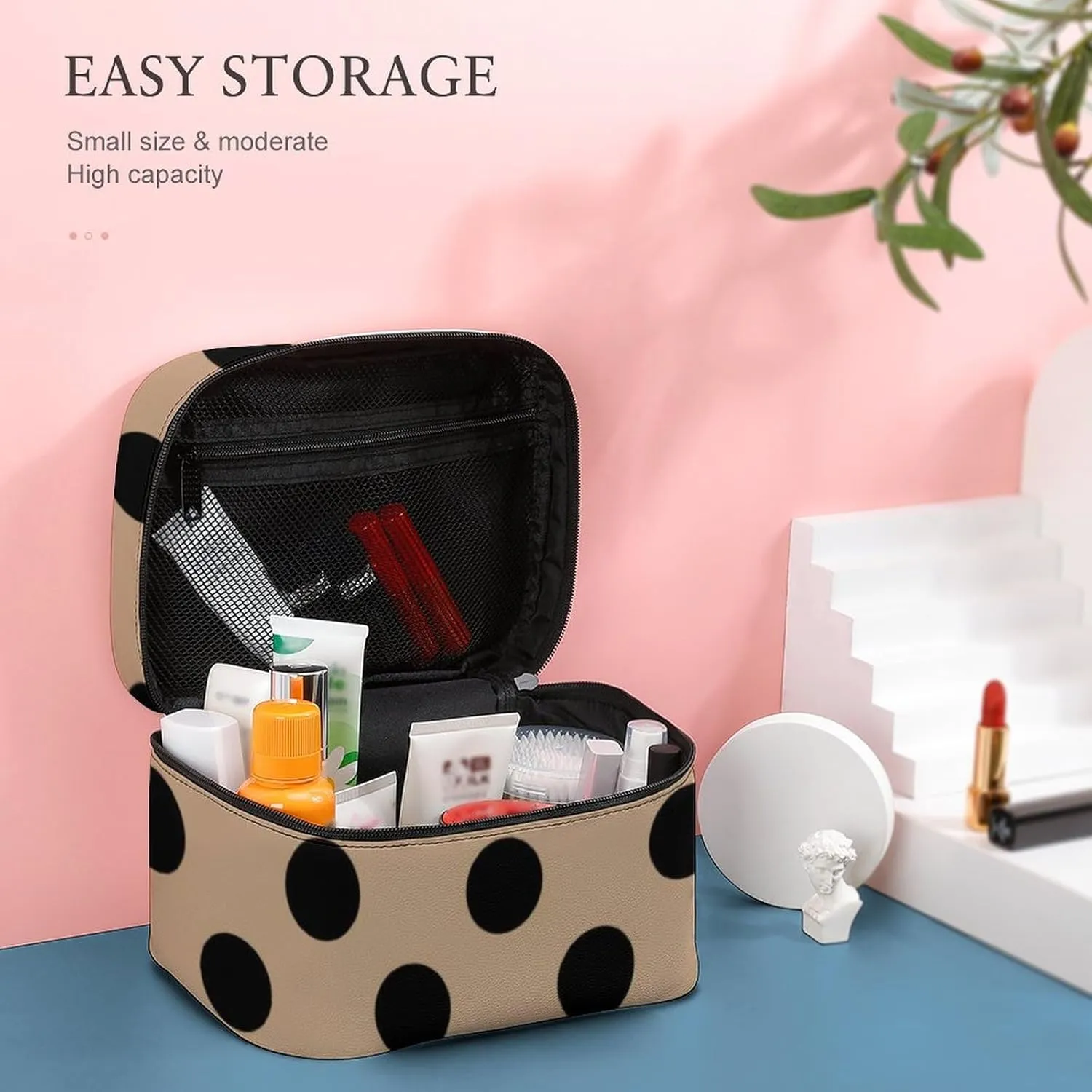 Makeup Bag, Black Polka Dots on Beige Travel Cosmetic Bag Makeup Organizer Case Large Capacity Portable Zipper Toiletry Bag for Women