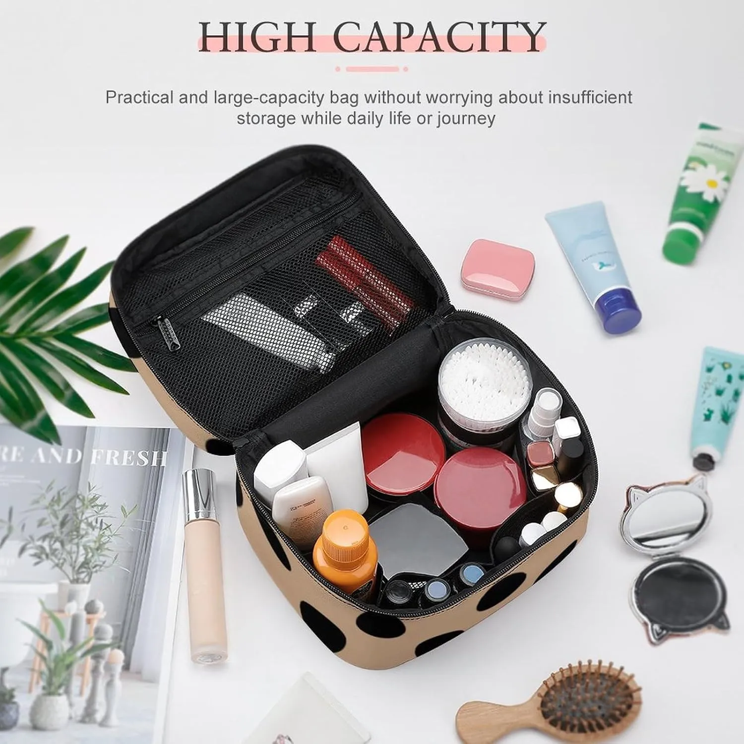 Makeup Bag, Black Polka Dots on Beige Travel Cosmetic Bag Makeup Organizer Case Large Capacity Portable Zipper Toiletry Bag for Women
