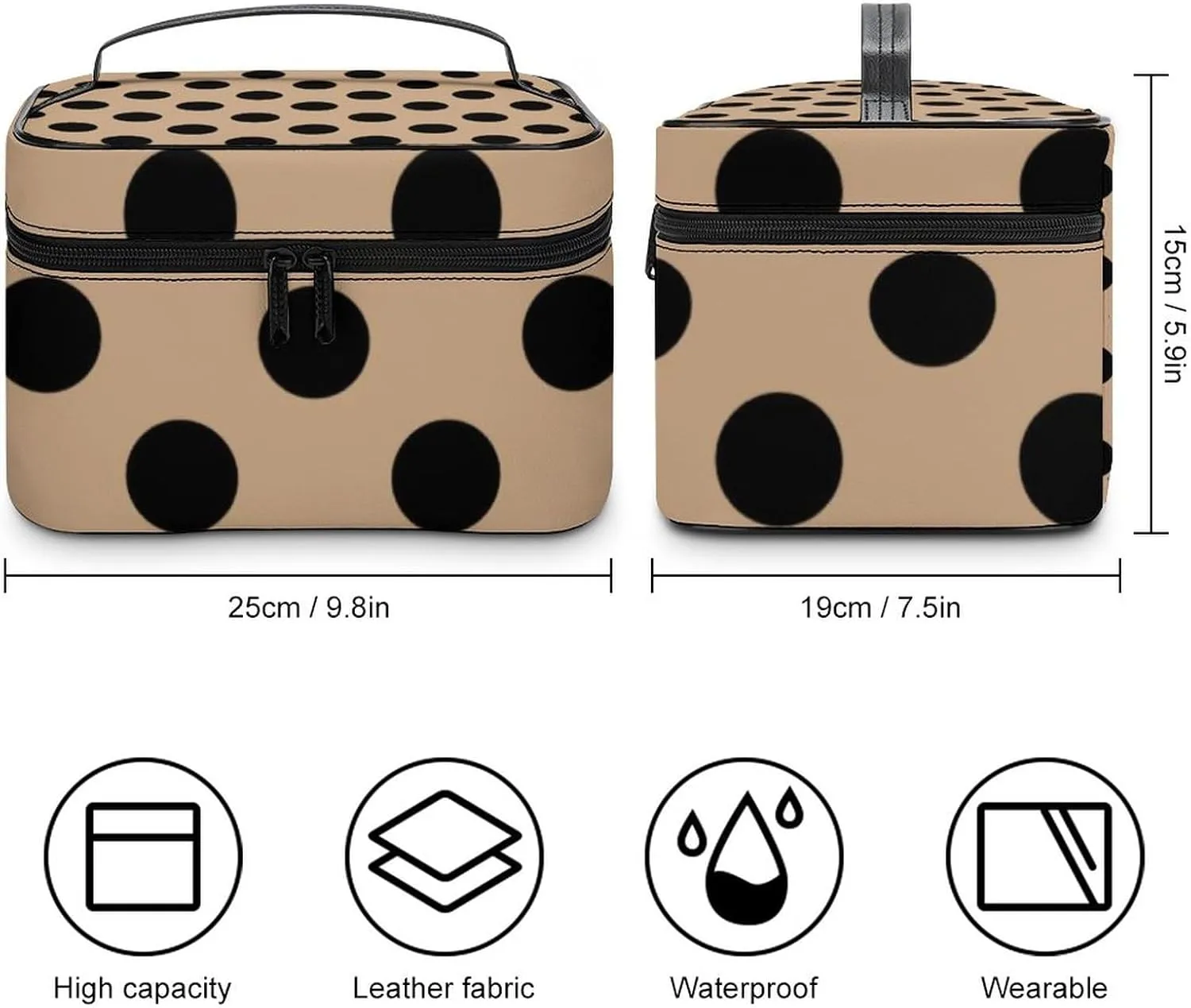 Makeup Bag, Black Polka Dots on Beige Travel Cosmetic Bag Makeup Organizer Case Large Capacity Portable Zipper Toiletry Bag for Women