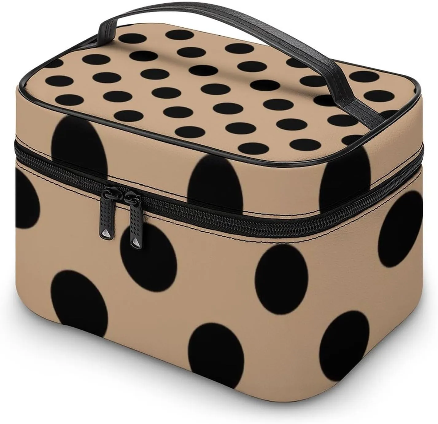 Makeup Bag, Black Polka Dots on Beige Travel Cosmetic Bag Makeup Organizer Case Large Capacity Portable Zipper Toiletry Bag for Women