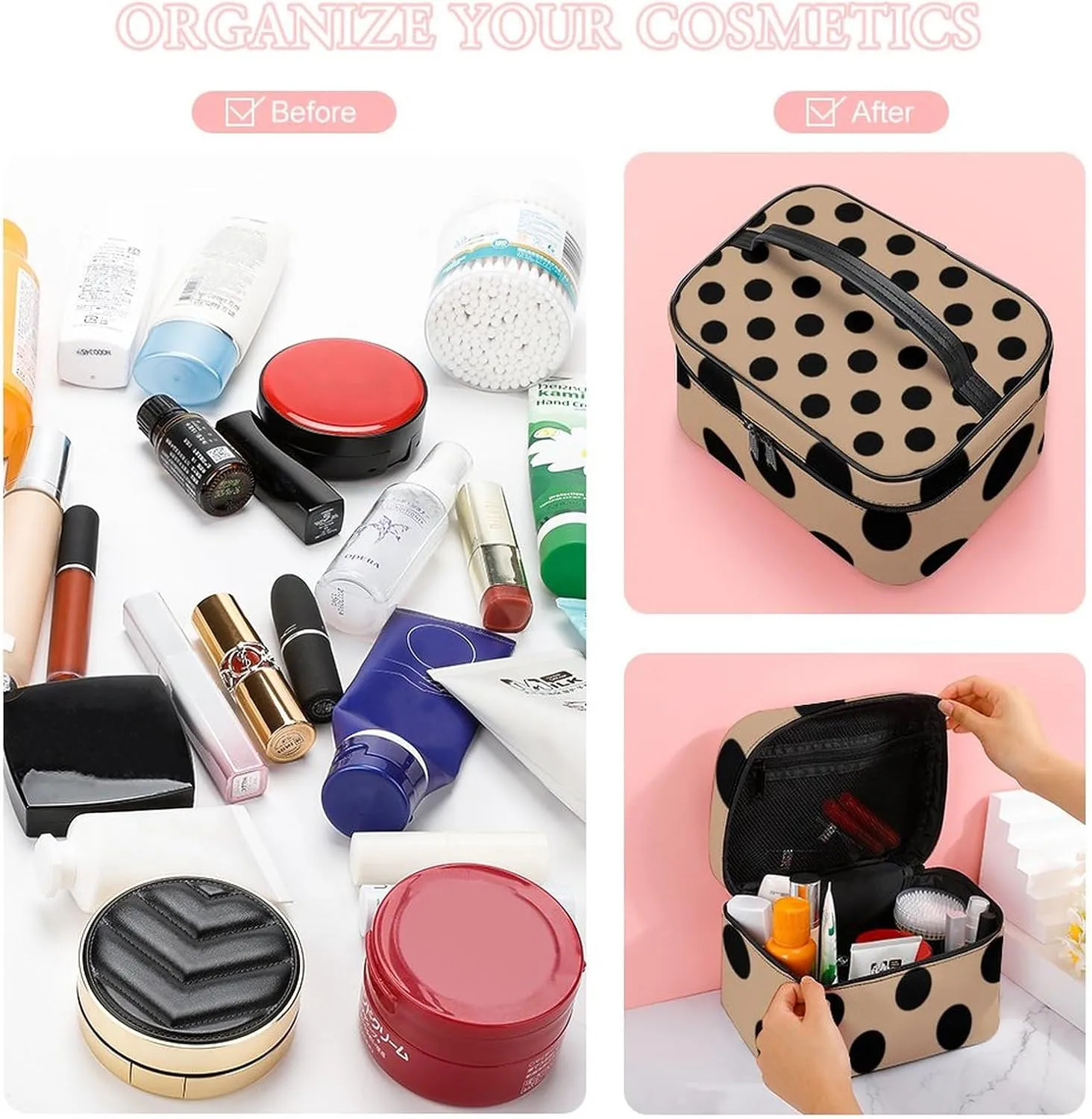 Makeup Bag, Black Polka Dots on Beige Travel Cosmetic Bag Makeup Organizer Case Large Capacity Portable Zipper Toiletry Bag for Women