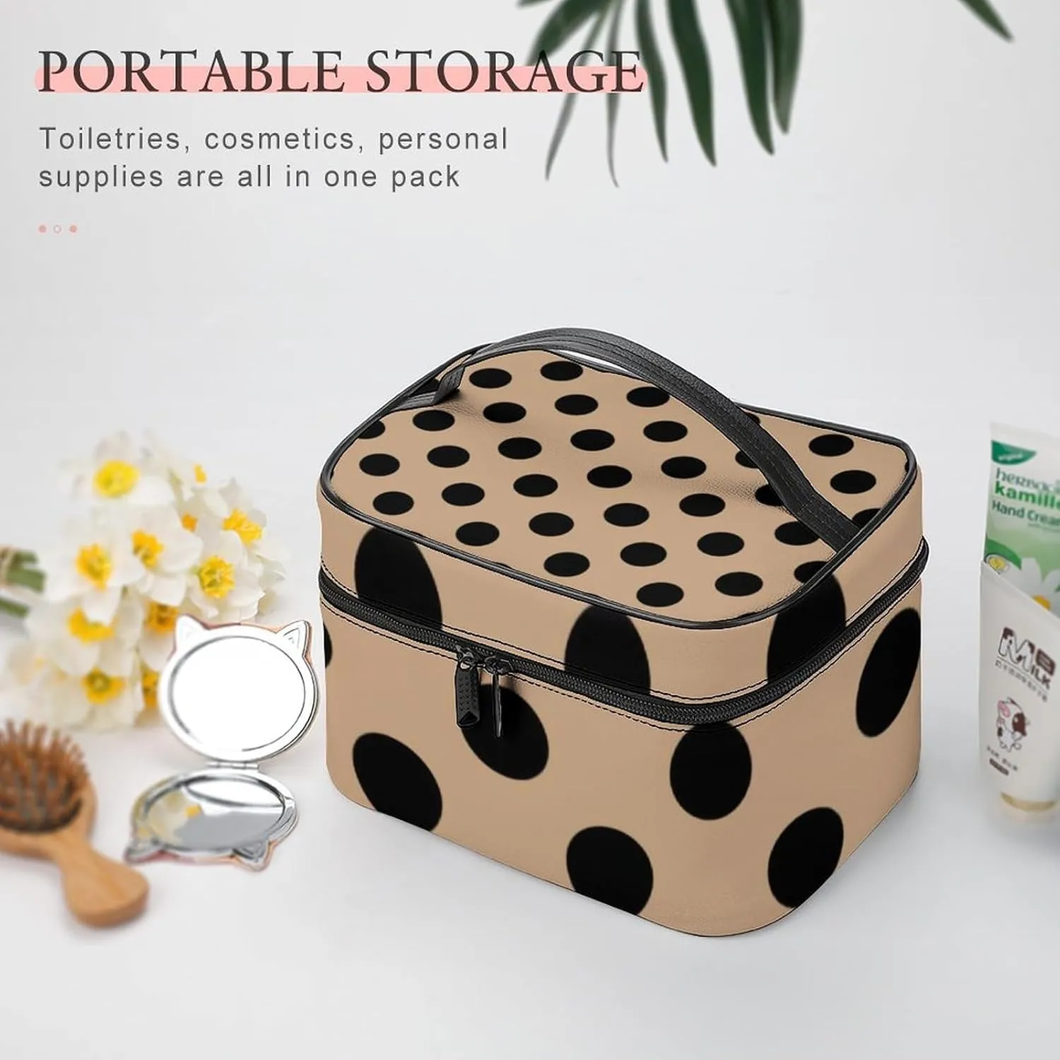Makeup Bag, Black Polka Dots on Beige Travel Cosmetic Bag Makeup Organizer Case Large Capacity Portable Zipper Toiletry Bag for Women