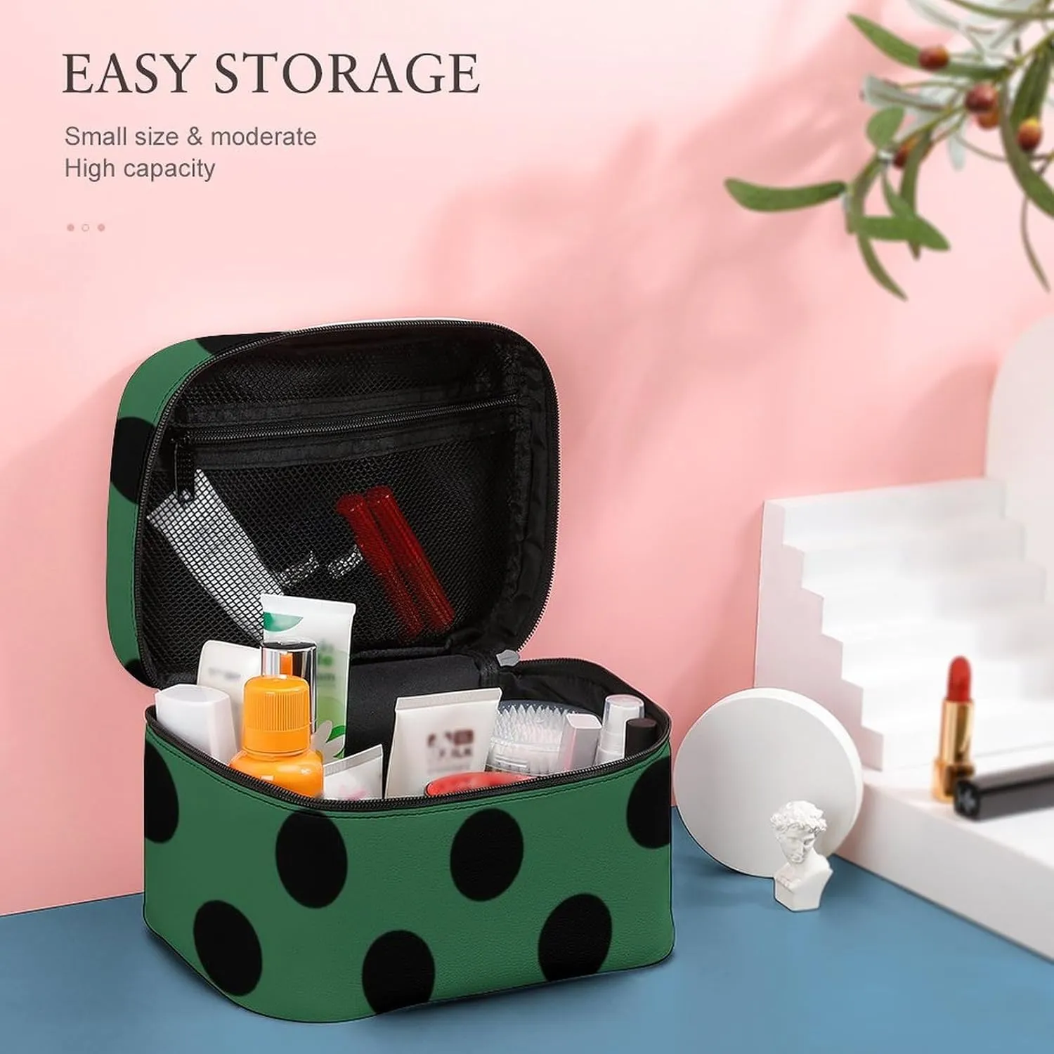 Makeup Bag, Black Polka Dots on Dark Green Travel Cosmetic Bag Makeup Organizer Case Large Capacity Portable Zipper Toiletry Bag for Women