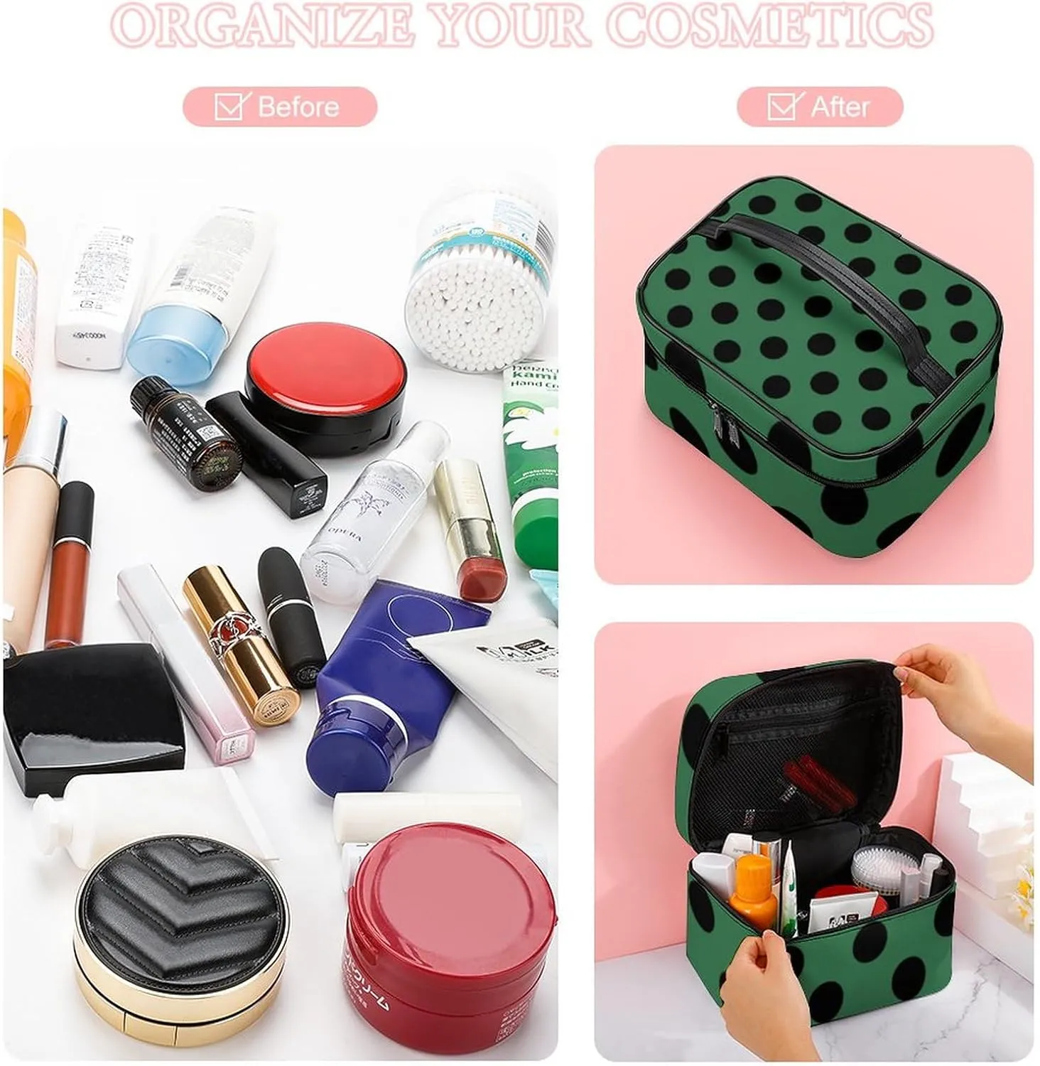 Makeup Bag, Black Polka Dots on Dark Green Travel Cosmetic Bag Makeup Organizer Case Large Capacity Portable Zipper Toiletry Bag for Women