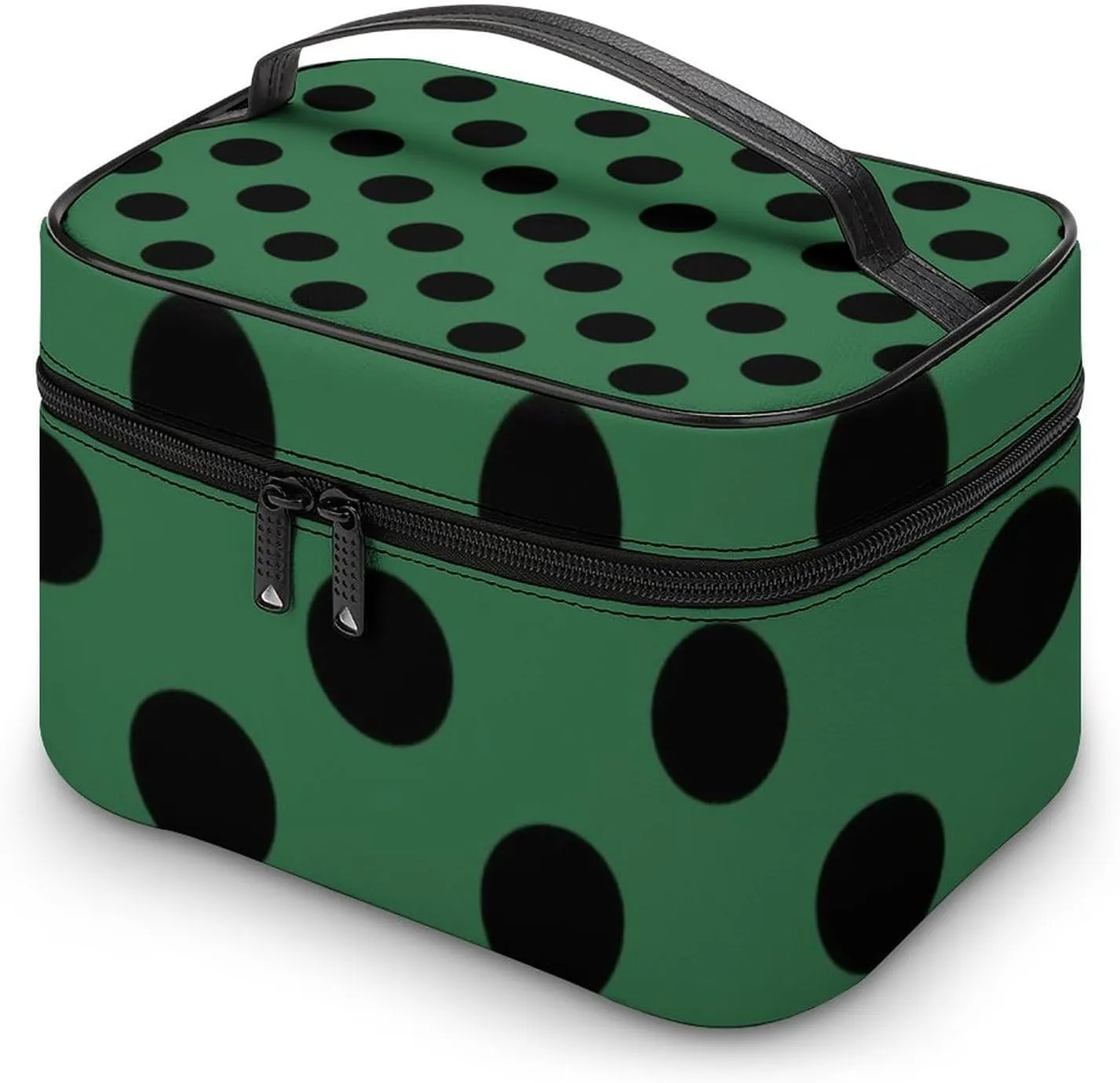 Makeup Bag, Black Polka Dots on Dark Green Travel Cosmetic Bag Makeup Organizer Case Large Capacity Portable Zipper Toiletry Bag for Women