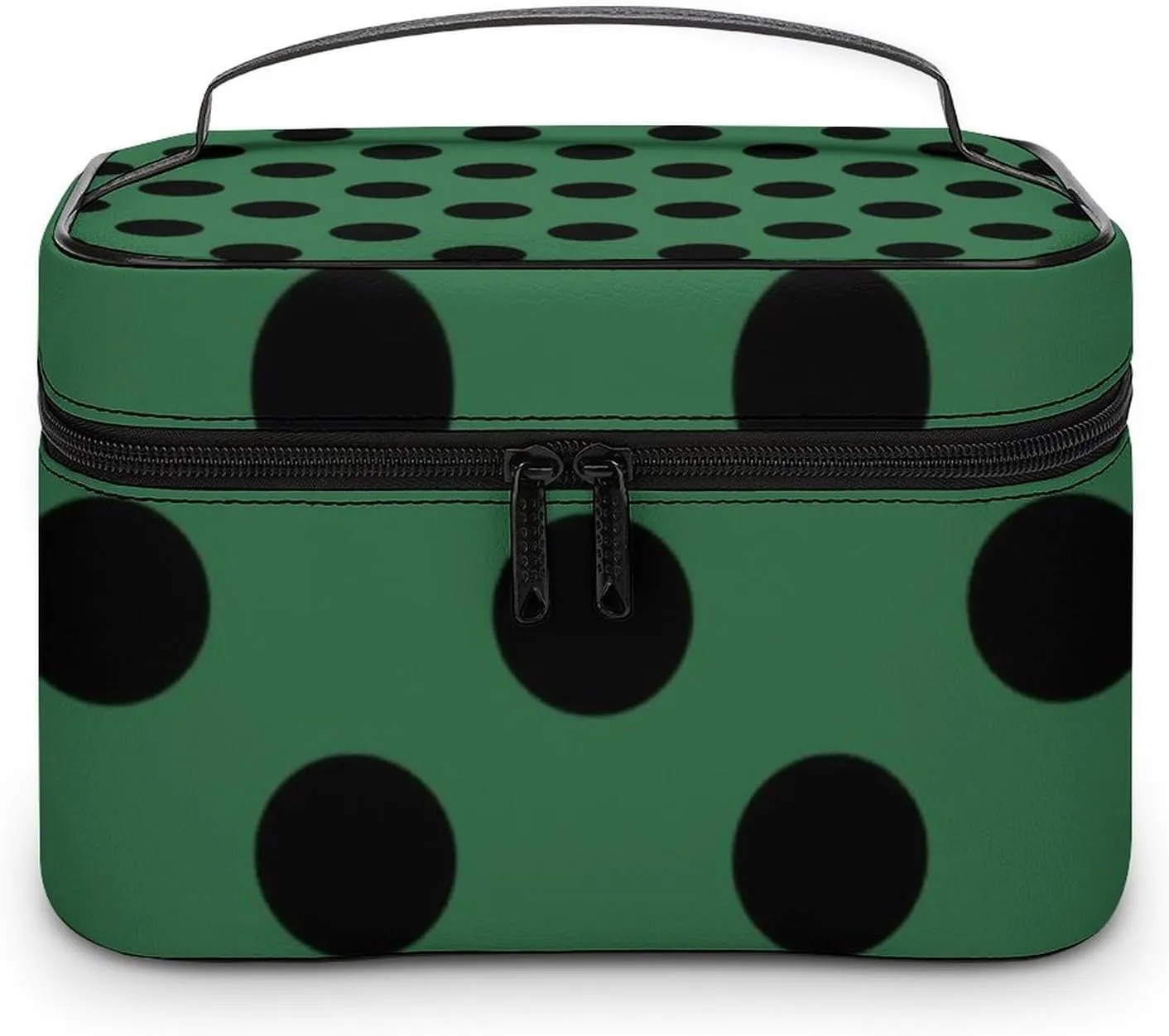 Makeup Bag, Black Polka Dots on Dark Green Travel Cosmetic Bag Makeup Organizer Case Large Capacity Portable Zipper Toiletry Bag for Women