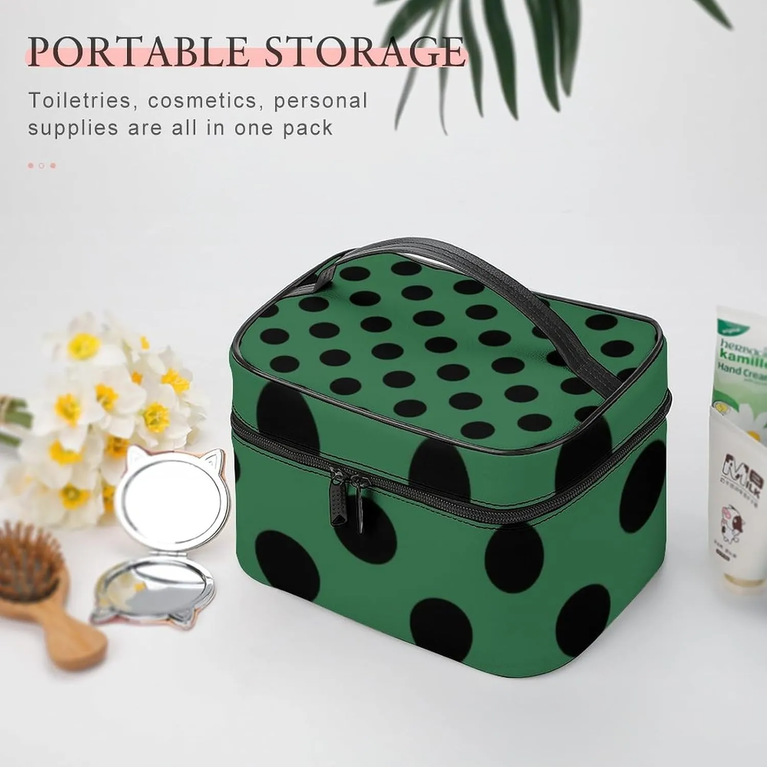 Makeup Bag, Black Polka Dots on Dark Green Travel Cosmetic Bag Makeup Organizer Case Large Capacity Portable Zipper Toiletry Bag for Women
