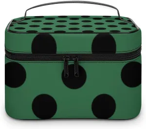 Makeup Bag, Black Polka Dots on Dark Green Travel Cosmetic Bag Makeup Organizer Case Large Capacity Portable Zipper Toiletry Bag for Women