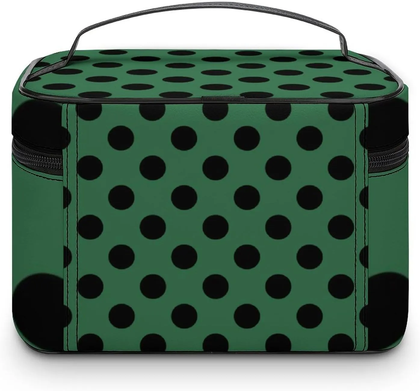 Makeup Bag, Black Polka Dots on Dark Green Travel Cosmetic Bag Makeup Organizer Case Large Capacity Portable Zipper Toiletry Bag for Women