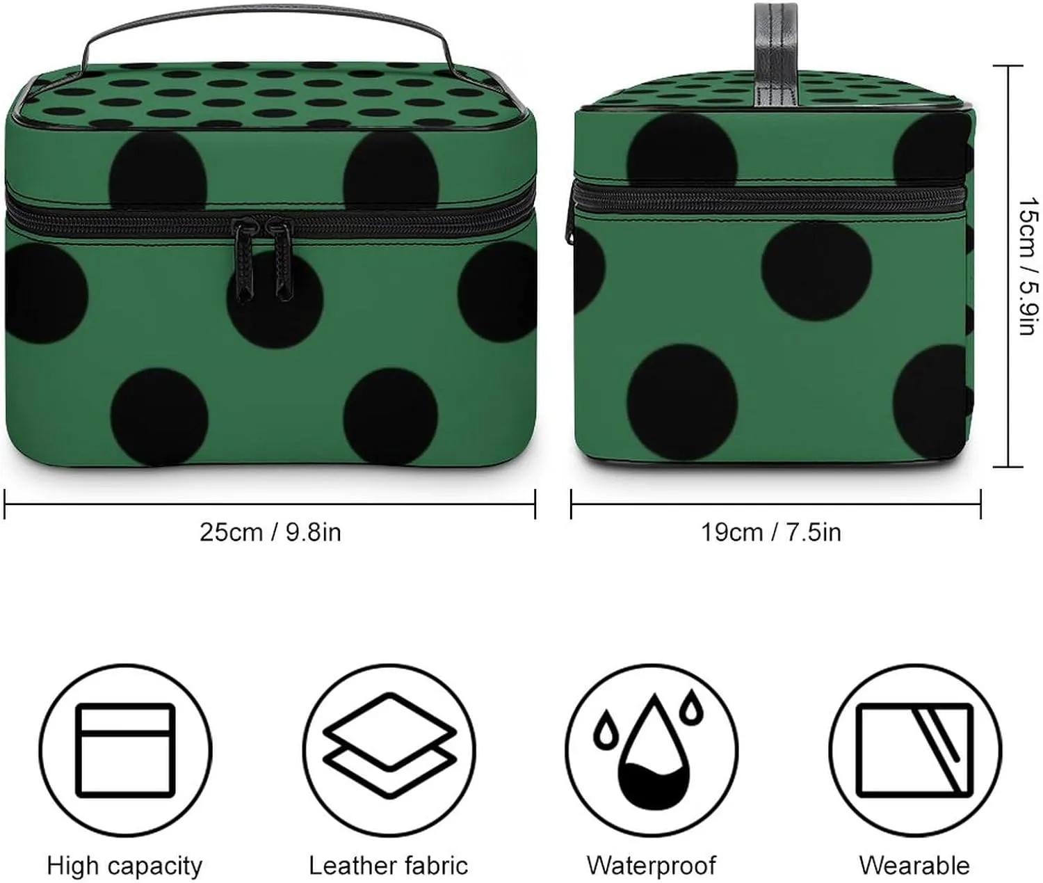 Makeup Bag, Black Polka Dots on Dark Green Travel Cosmetic Bag Makeup Organizer Case Large Capacity Portable Zipper Toiletry Bag for Women
