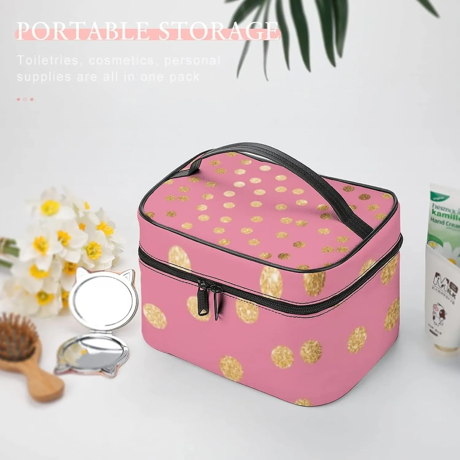 Makeup Bag, Faux Gold Glitter Dots Travel Cosmetic Bag Makeup Organizer Case Large Capacity Portable Zipper Toiletry Bag Travel Organizer Accessories