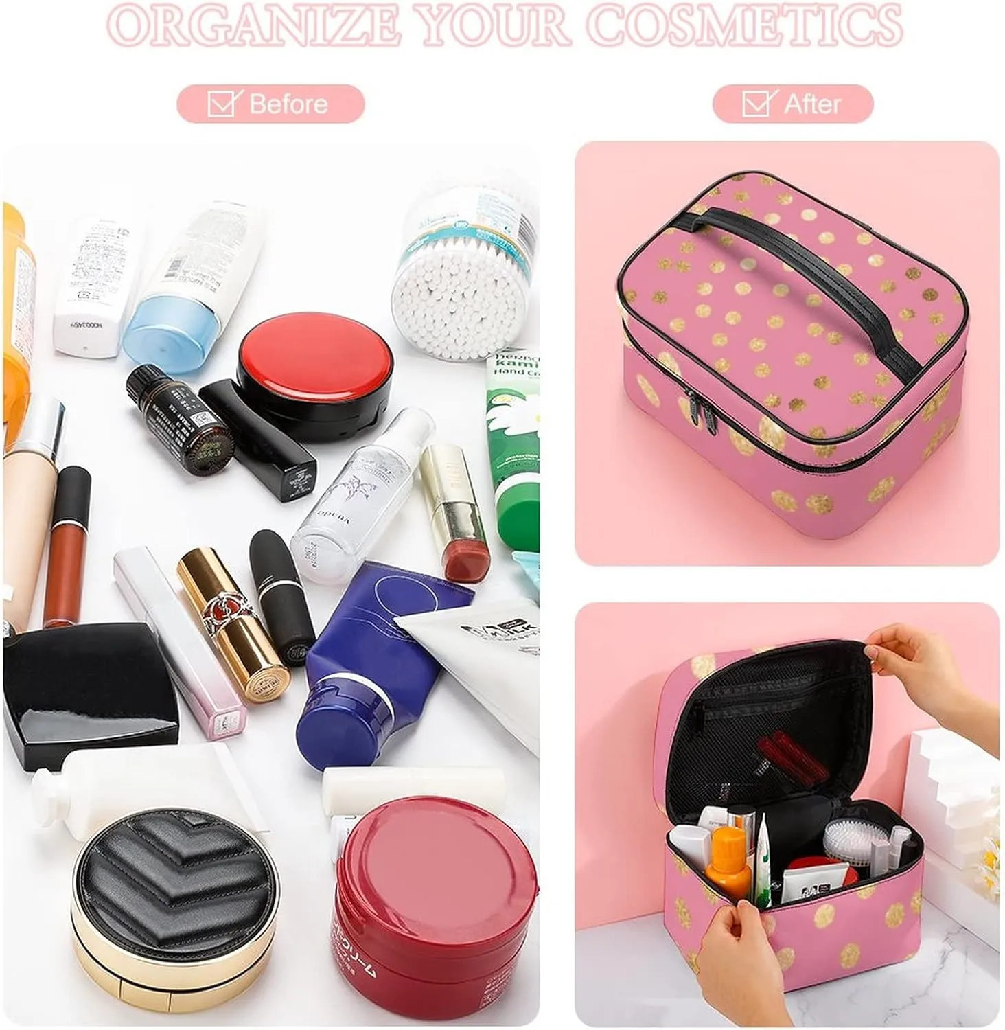 Makeup Bag, Faux Gold Glitter Dots Travel Cosmetic Bag Makeup Organizer Case Large Capacity Portable Zipper Toiletry Bag Travel Organizer Accessories