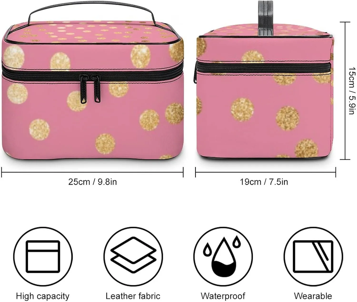 Makeup Bag, Faux Gold Glitter Dots Travel Cosmetic Bag Makeup Organizer Case Large Capacity Portable Zipper Toiletry Bag Travel Organizer Accessories