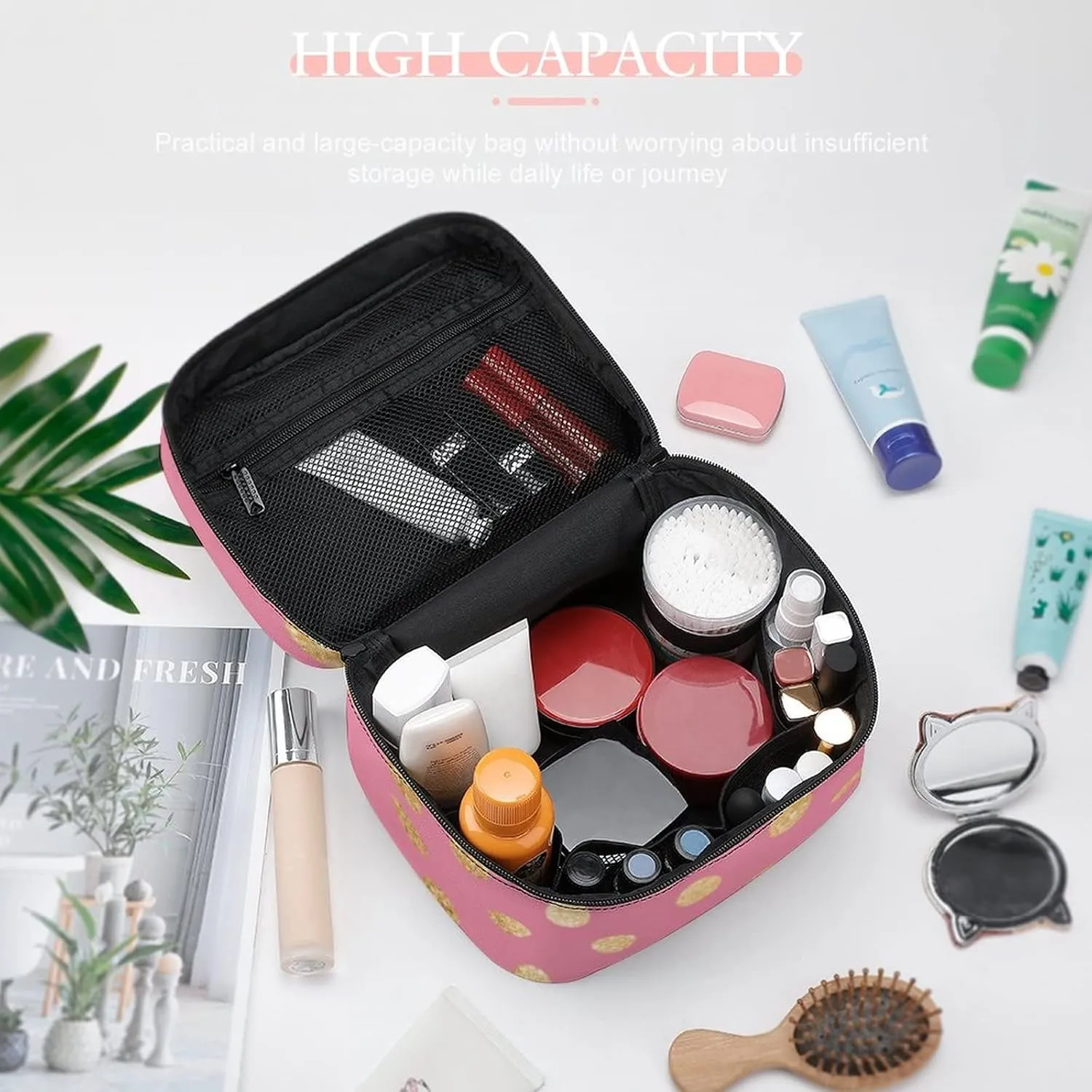 Makeup Bag, Faux Gold Glitter Dots Travel Cosmetic Bag Makeup Organizer Case Large Capacity Portable Zipper Toiletry Bag Travel Organizer Accessories