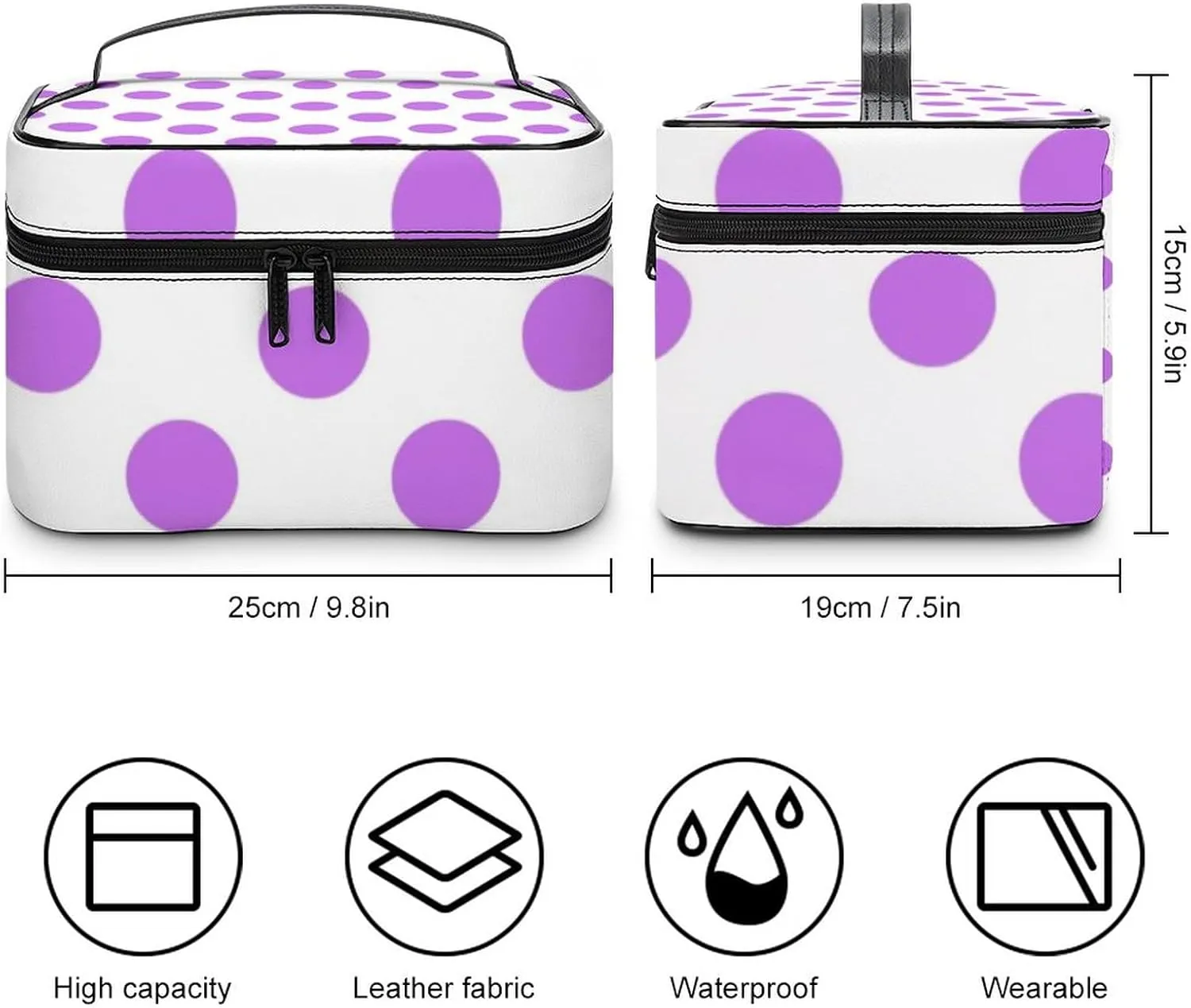 Makeup Bag, Lilac and White Polka Dots Travel Cosmetic Bag Makeup Organizer Case Large Capacity Portable Zipper Toiletry Bag for Women