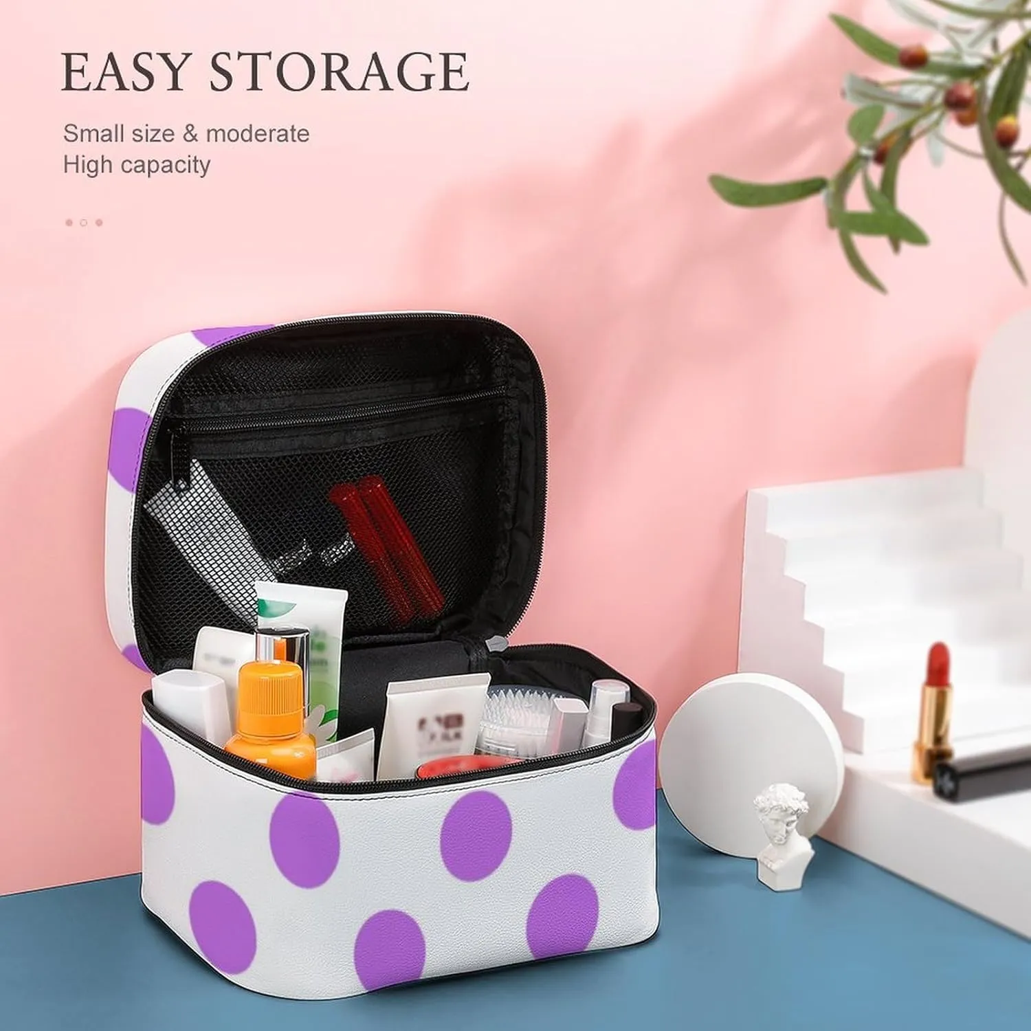 Makeup Bag, Lilac and White Polka Dots Travel Cosmetic Bag Makeup Organizer Case Large Capacity Portable Zipper Toiletry Bag for Women