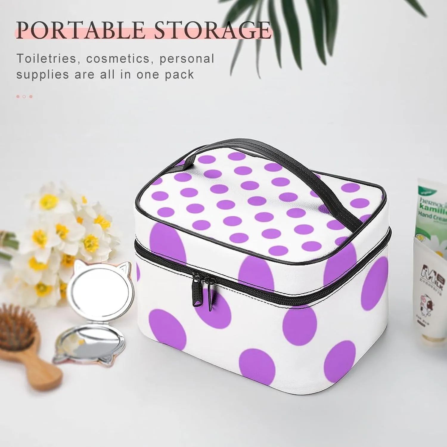 Makeup Bag, Lilac and White Polka Dots Travel Cosmetic Bag Makeup Organizer Case Large Capacity Portable Zipper Toiletry Bag for Women
