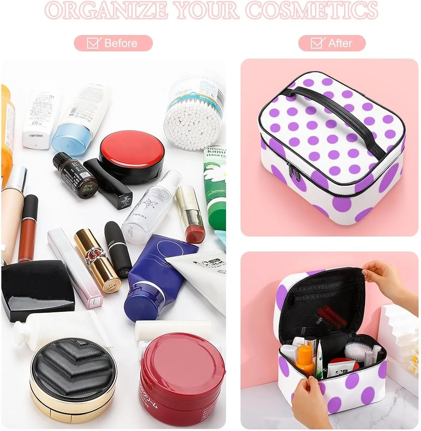 Makeup Bag, Lilac and White Polka Dots Travel Cosmetic Bag Makeup Organizer Case Large Capacity Portable Zipper Toiletry Bag for Women