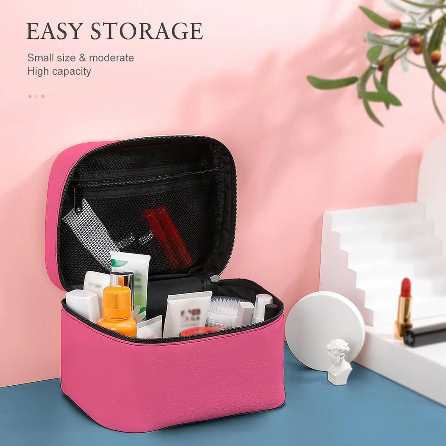 Makeup Bag, Modern Bright Pink Travel Cosmetic Bag Makeup Organizer Case Large Capacity Portable Zipper Toiletry Bag for Women