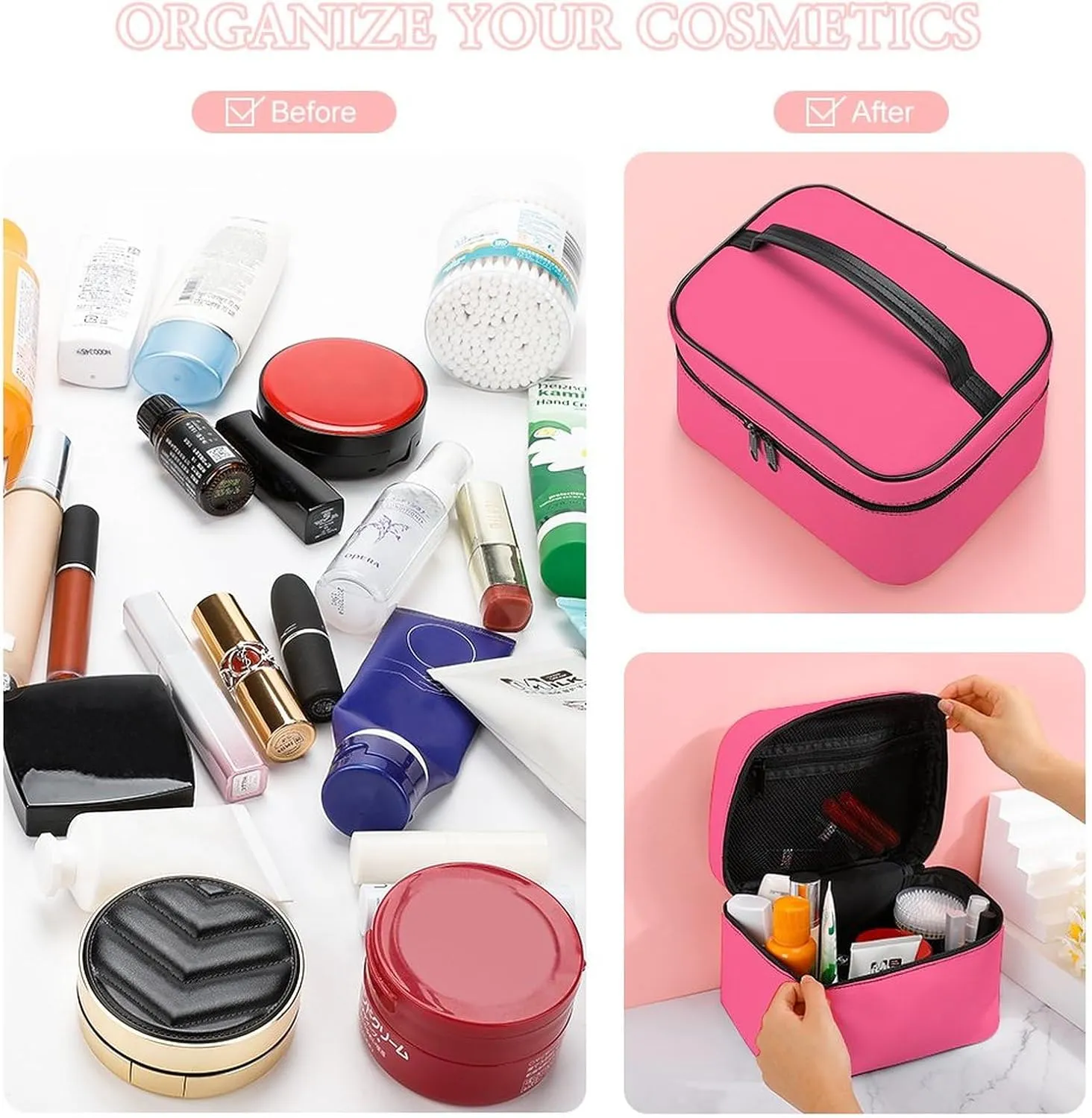 Makeup Bag, Modern Bright Pink Travel Cosmetic Bag Makeup Organizer Case Large Capacity Portable Zipper Toiletry Bag for Women