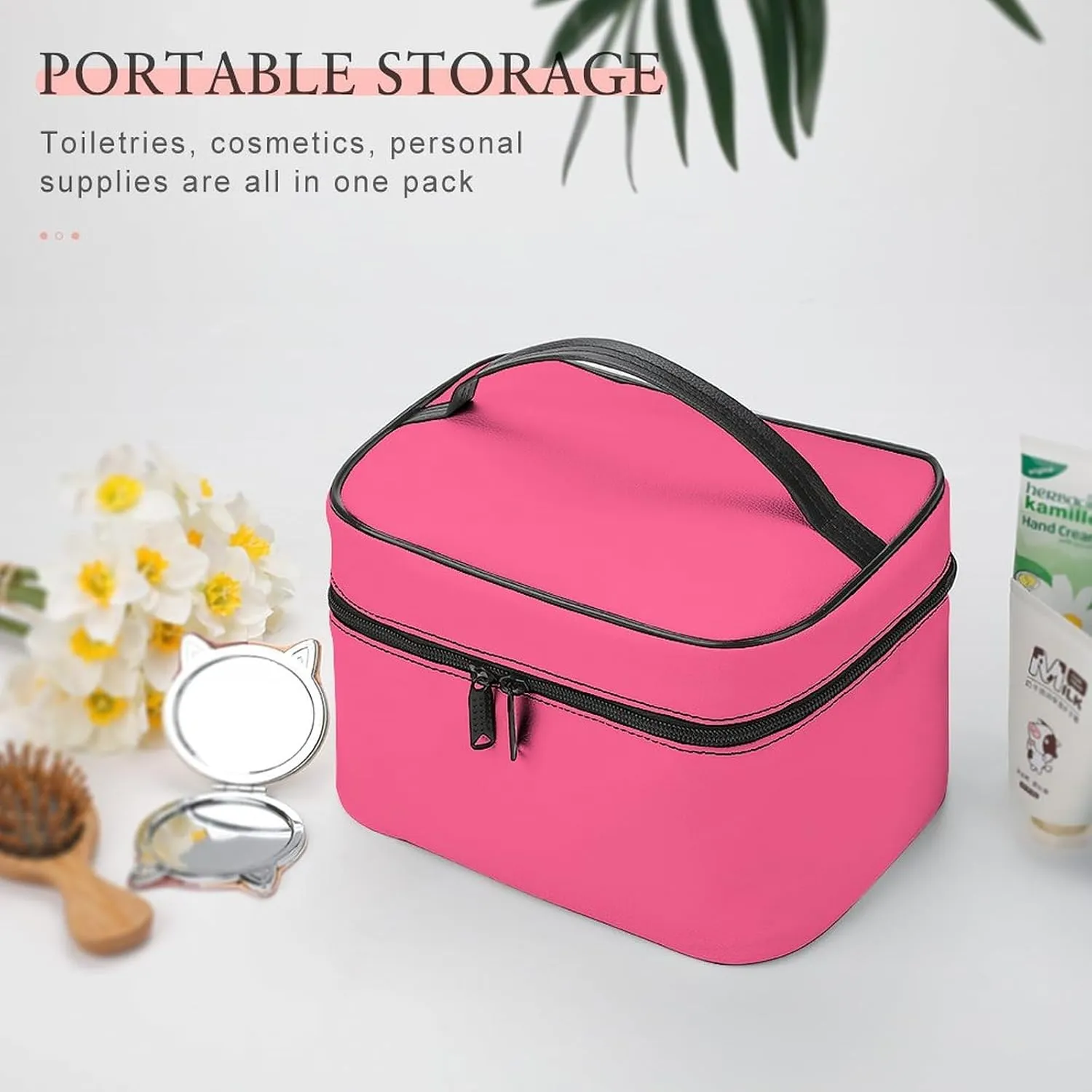 Makeup Bag, Modern Bright Pink Travel Cosmetic Bag Makeup Organizer Case Large Capacity Portable Zipper Toiletry Bag for Women
