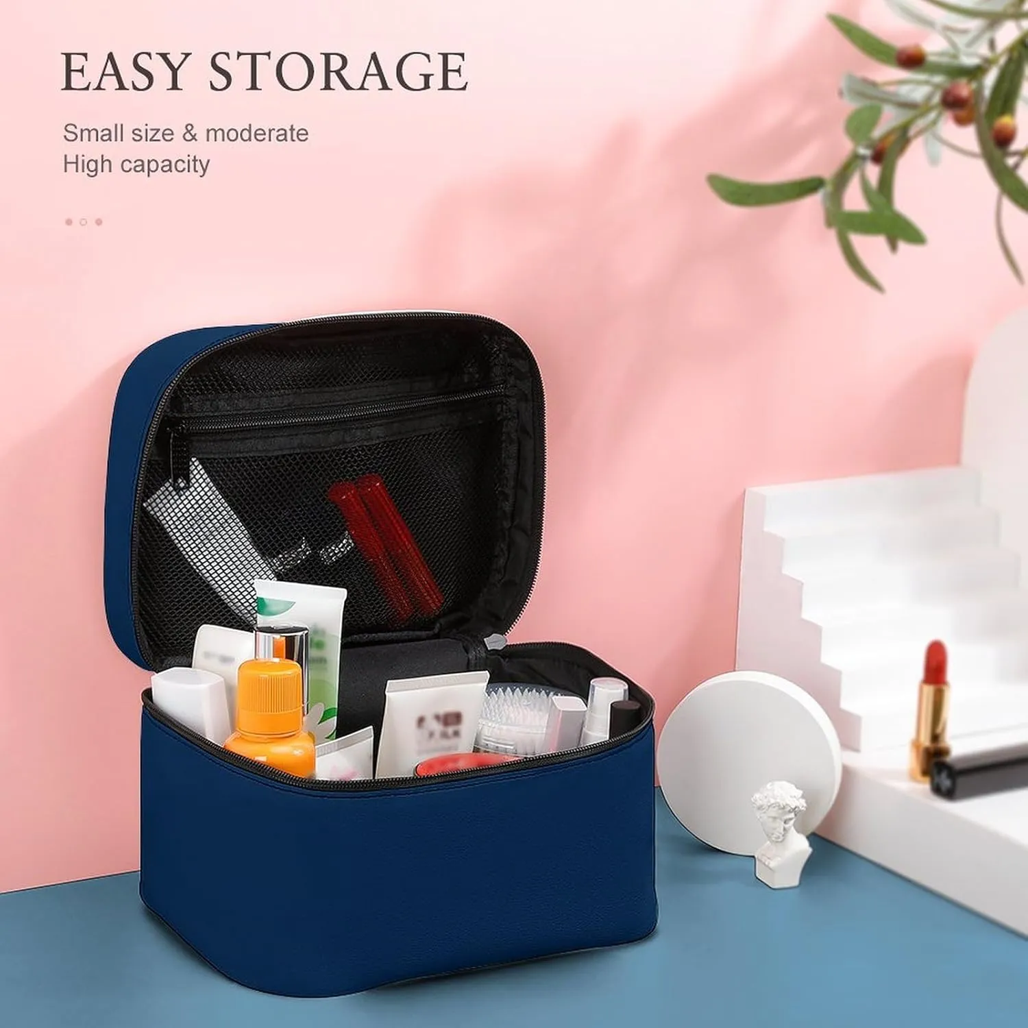 Makeup Bag, Modern Elegant Classy Blue Travel Cosmetic Bag Makeup Organizer Case Large Capacity Portable Zipper Toiletry Bag for Women