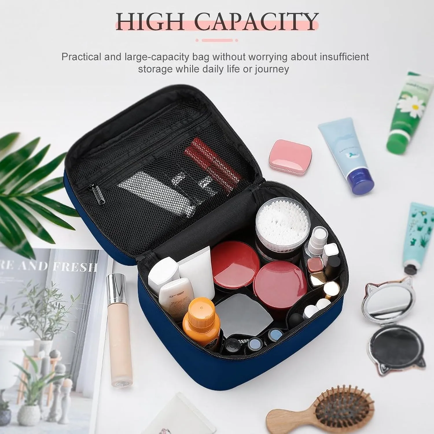 Makeup Bag, Modern Elegant Classy Blue Travel Cosmetic Bag Makeup Organizer Case Large Capacity Portable Zipper Toiletry Bag for Women