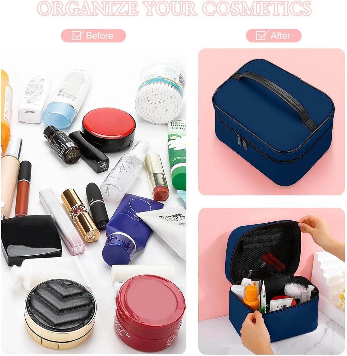 Makeup Bag, Modern Elegant Classy Blue Travel Cosmetic Bag Makeup Organizer Case Large Capacity Portable Zipper Toiletry Bag for Women
