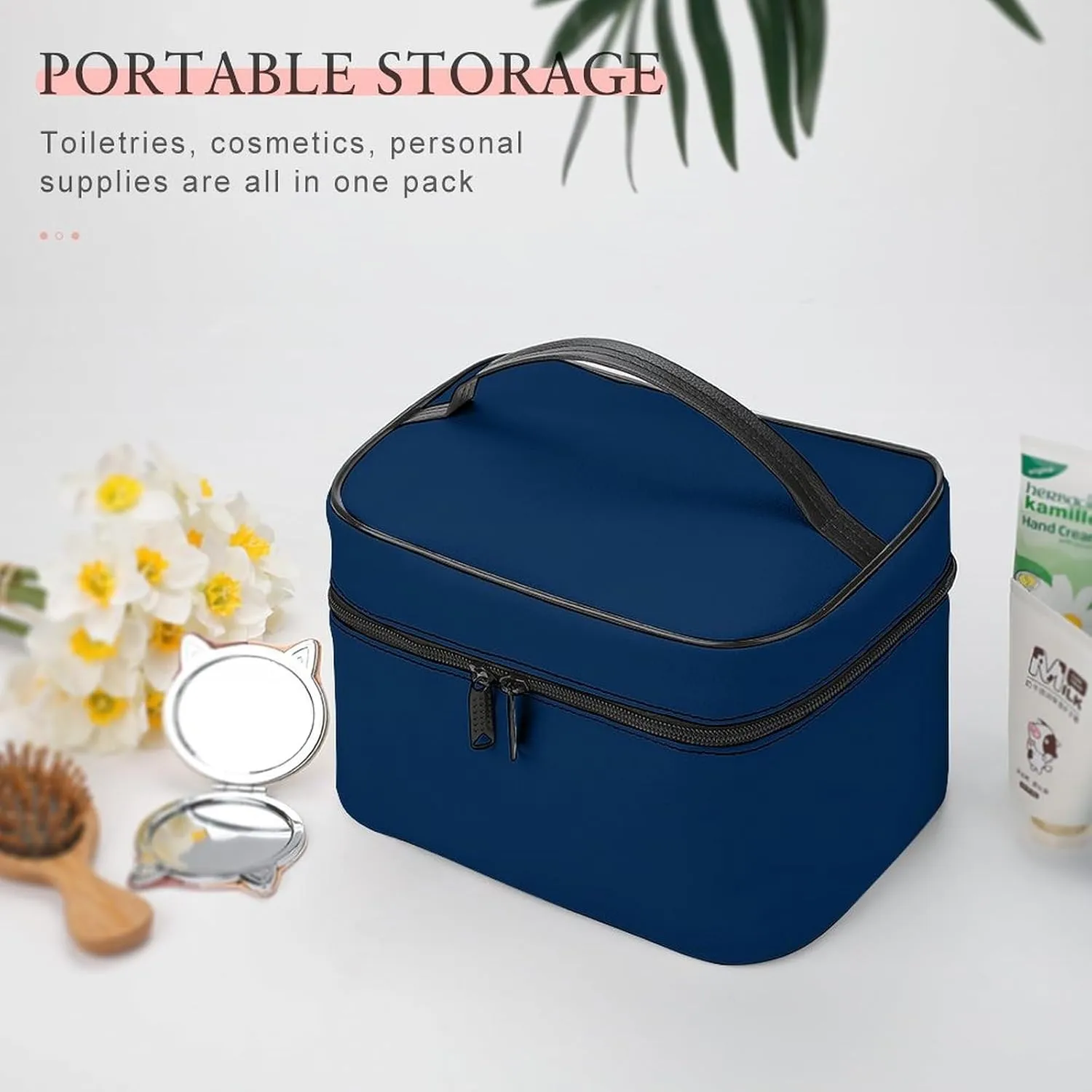 Makeup Bag, Modern Elegant Classy Blue Travel Cosmetic Bag Makeup Organizer Case Large Capacity Portable Zipper Toiletry Bag for Women