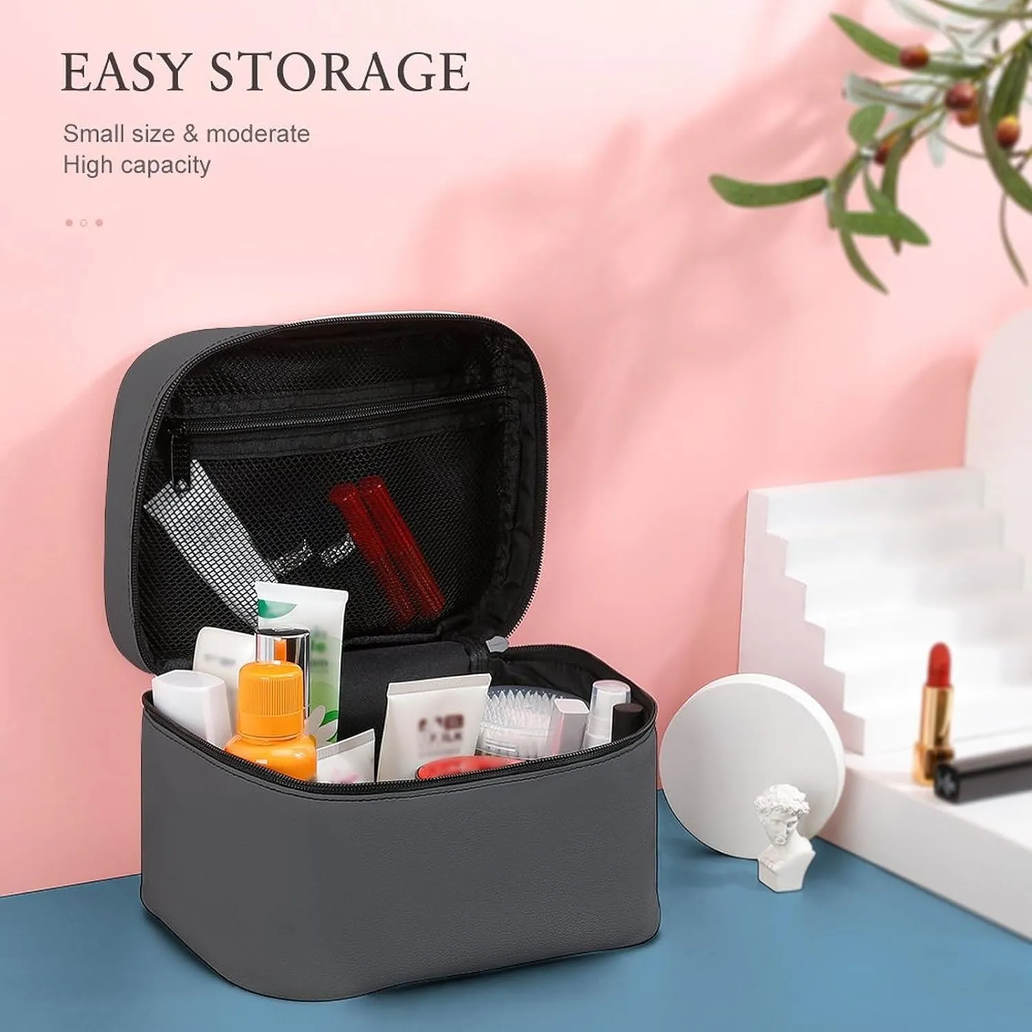 Makeup Bag, Modern Gray Travel Cosmetic Bag Makeup Organizer Case Large Capacity Portable Zipper Toiletry Bag for Women