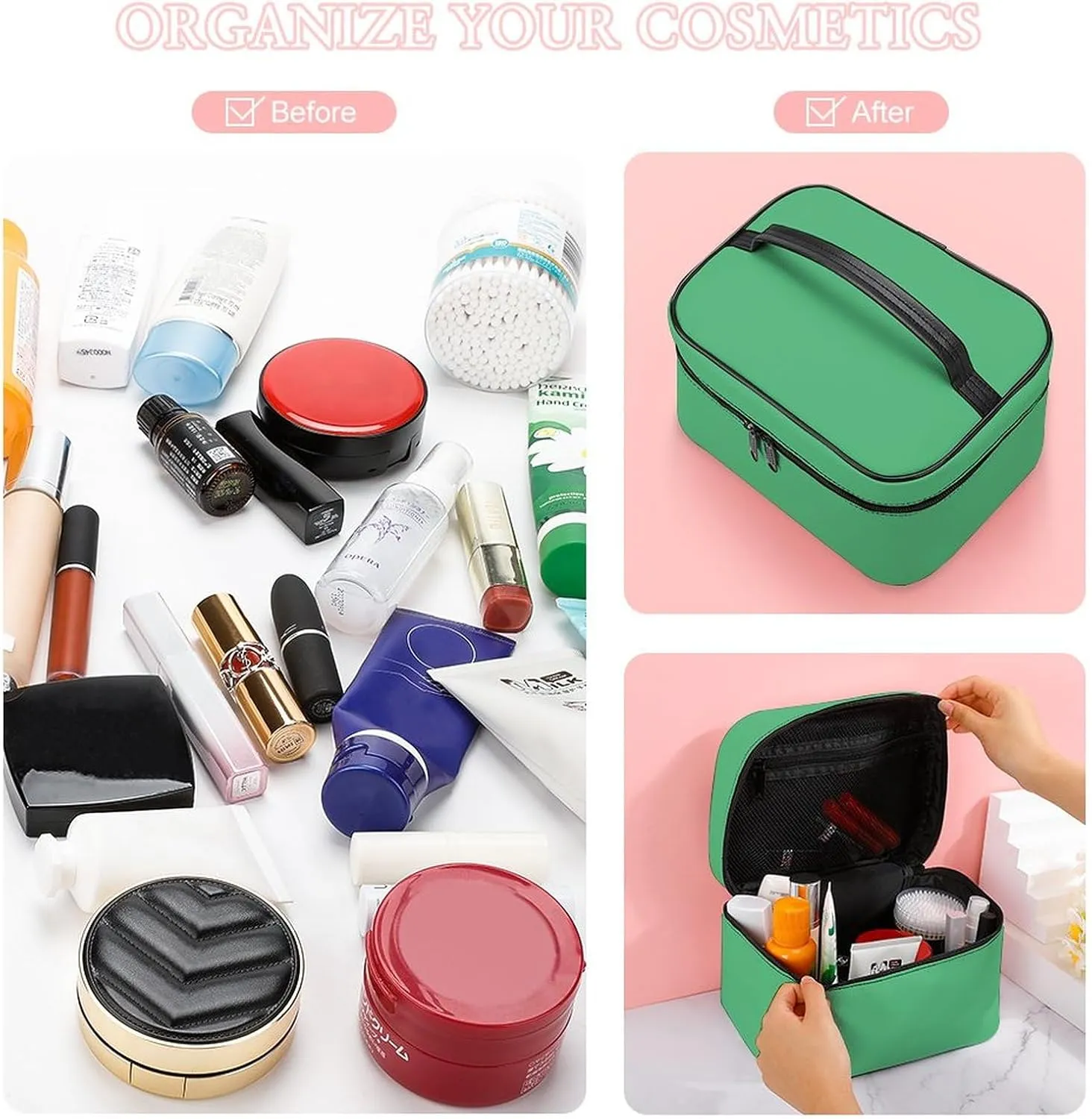 Makeup Bag, Modern Green Travel Cosmetic Bag Makeup Organizer Case Large Capacity Portable Zipper Toiletry Bag for Women
