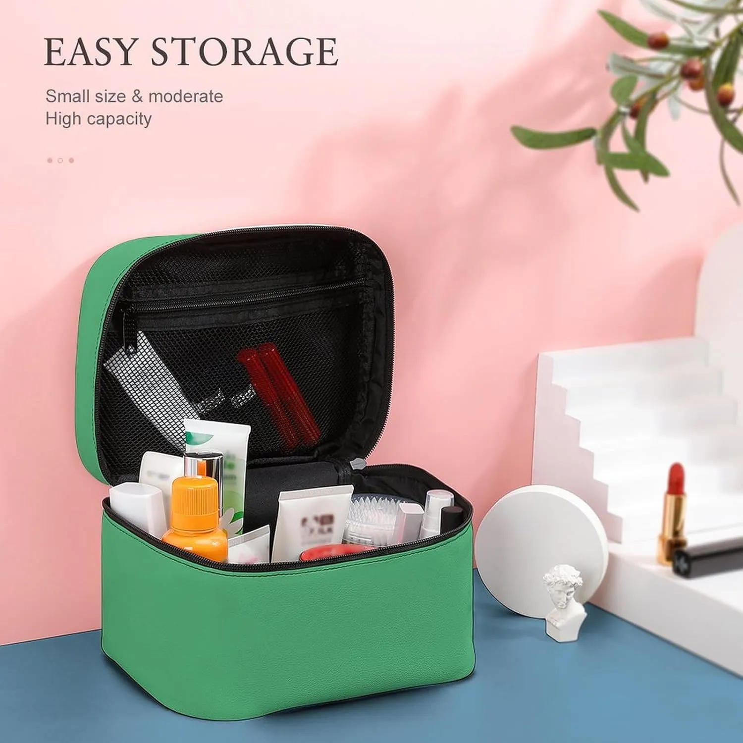 Makeup Bag, Modern Green Travel Cosmetic Bag Makeup Organizer Case Large Capacity Portable Zipper Toiletry Bag for Women